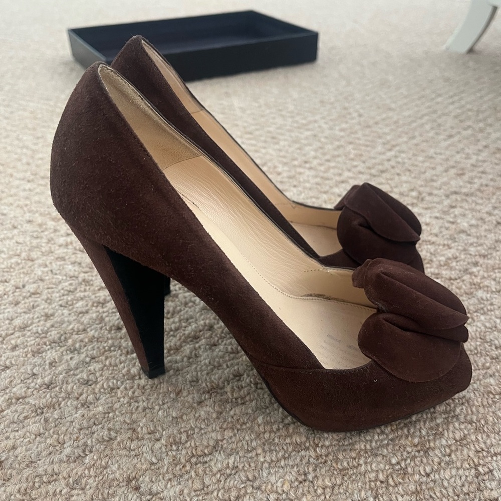 PRADA Suede Peep-Toe Petal Pumps - Picture 3 of 12